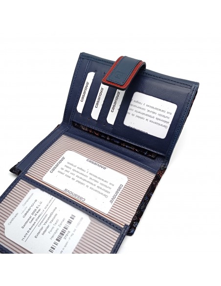 Monedero billetero de piel para mujer grande, GUILLERMINA azul compartimiento internos