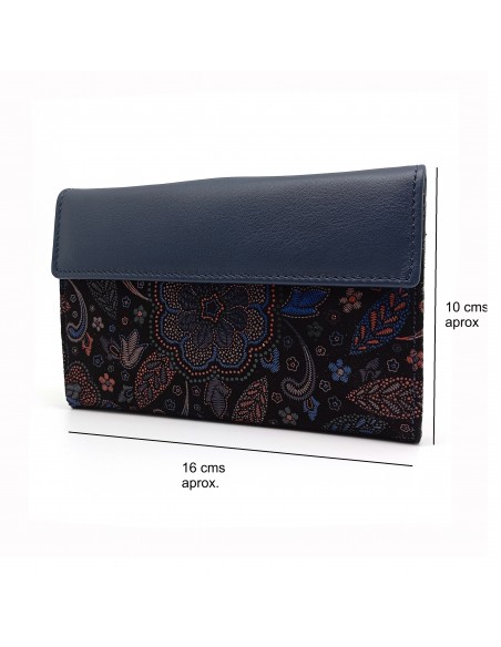 Monedero billetero de piel para mujer grande, GUILLERMINA azul medidas