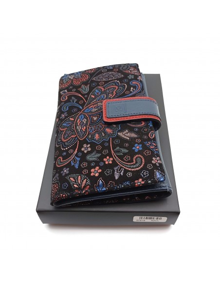 Monedero billetero de piel para mujer grande, GUILLERMINA azul con caja